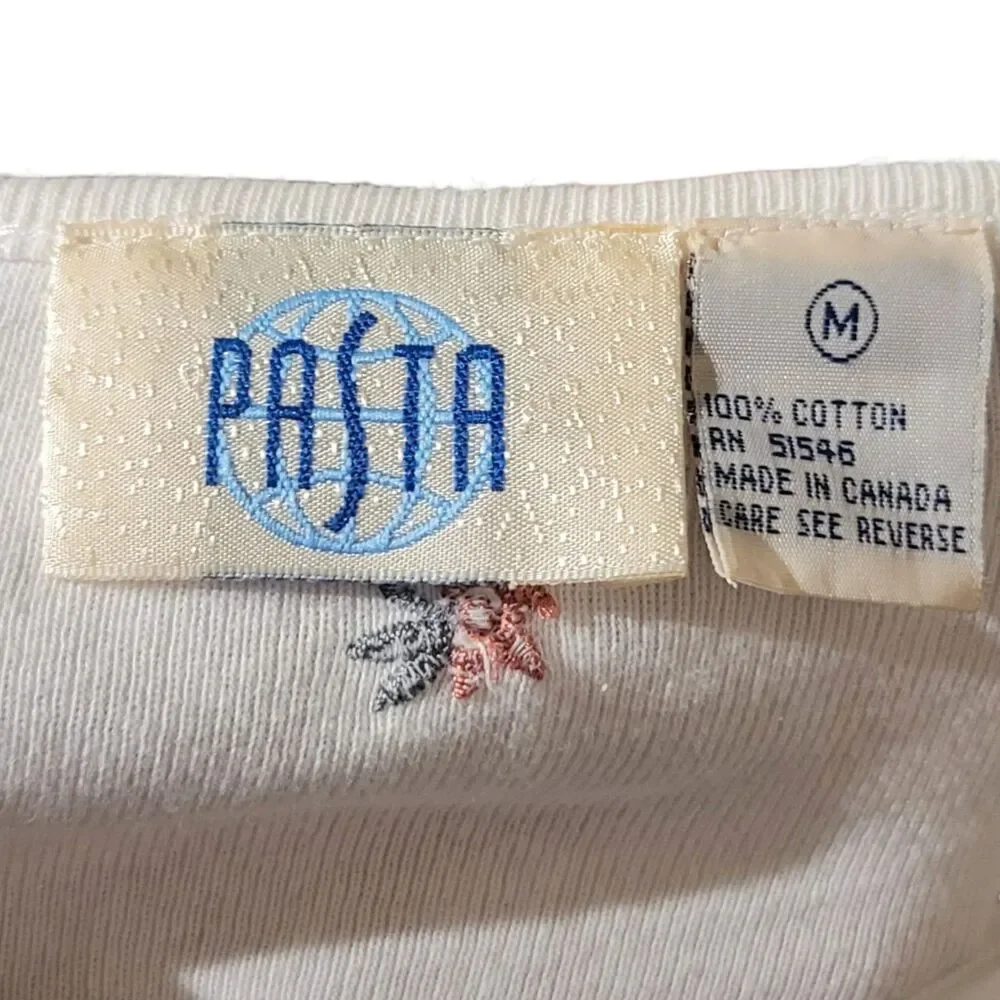 Vintage White Pasta Floral Embroidered Shirt Cotton Medium - Picture 3 of 3